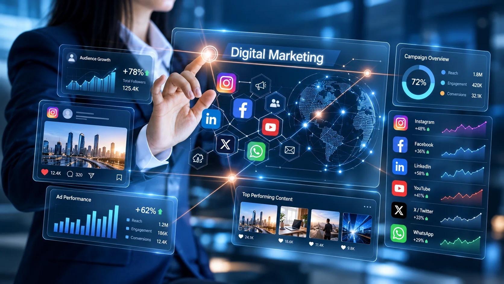Illustrative digital marketing dashboard featuring social media platforms and campaign analytics
